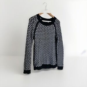 Womens Worthington Geometric Pattern Pullover sweater Black Crochet Raglan, M